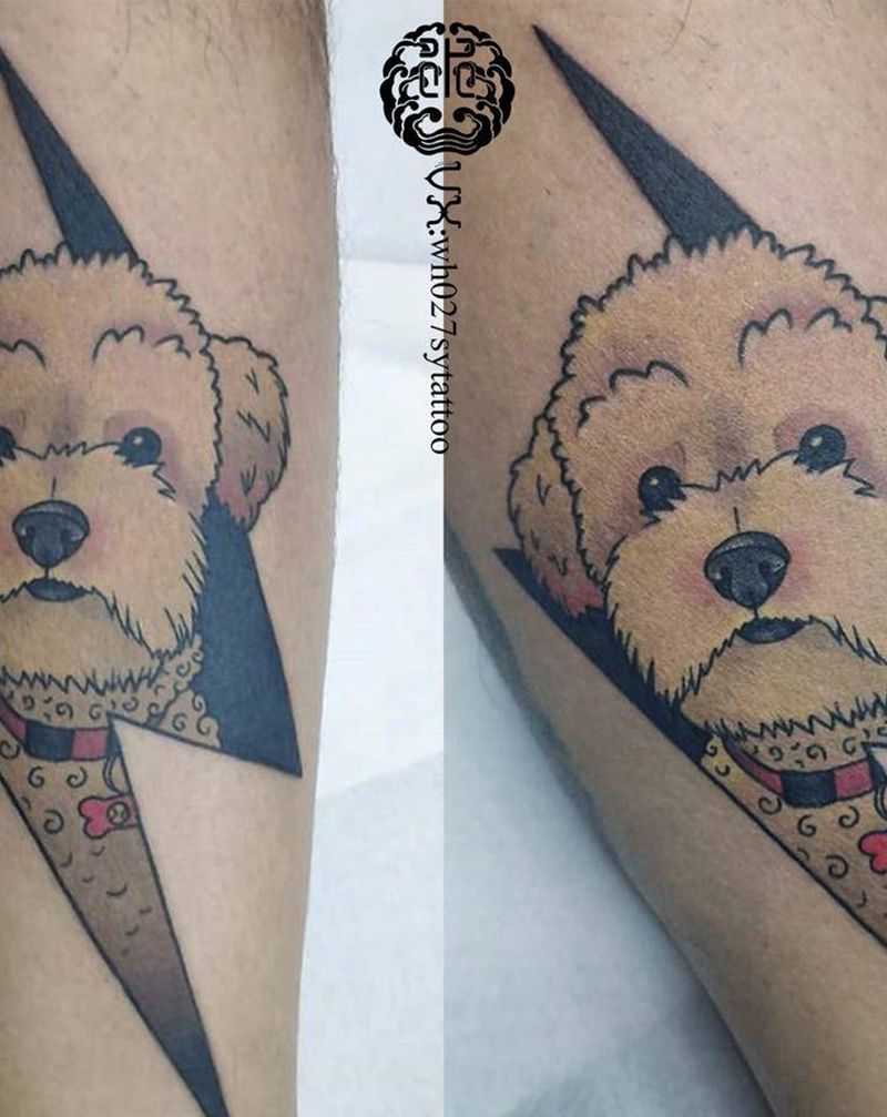 泰迪纹身图片_腿部New SchoolOld School狗泰迪闪电纹身图案