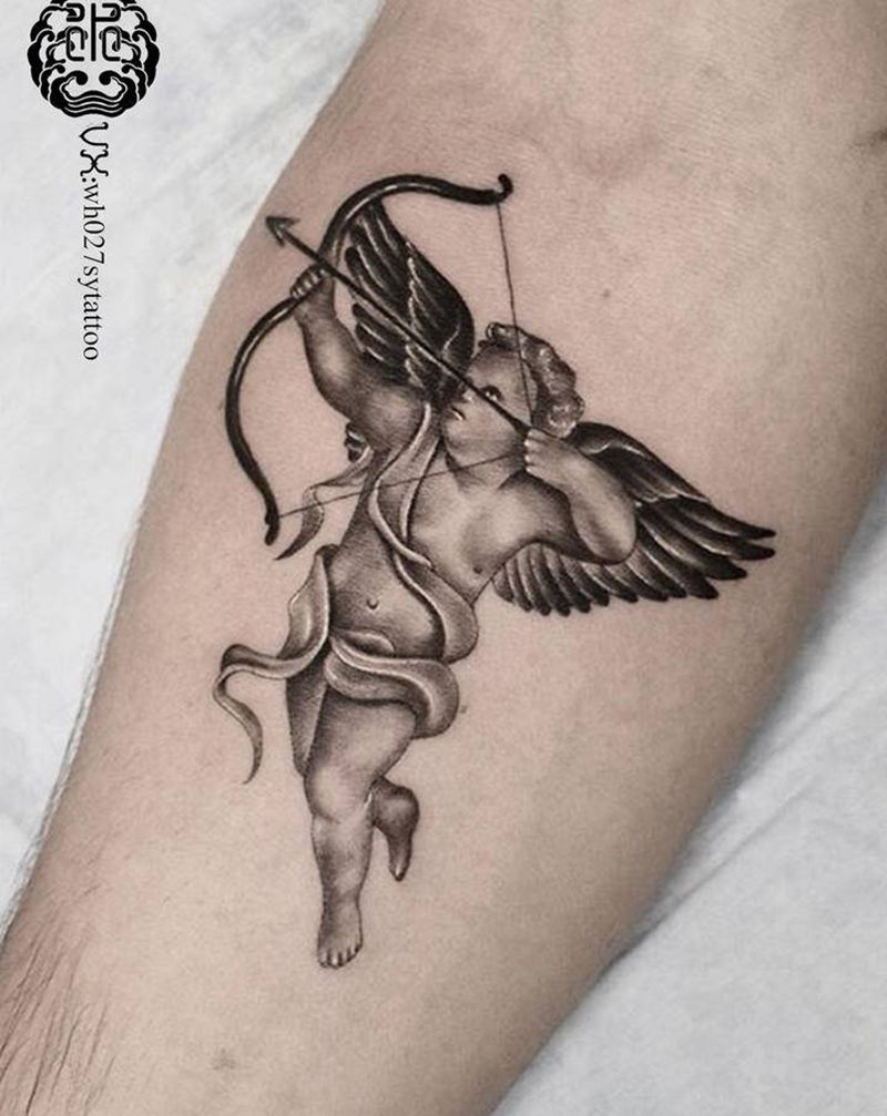 丘比特纹身图片_手臂欧美写实丘比特爱神纹身图案