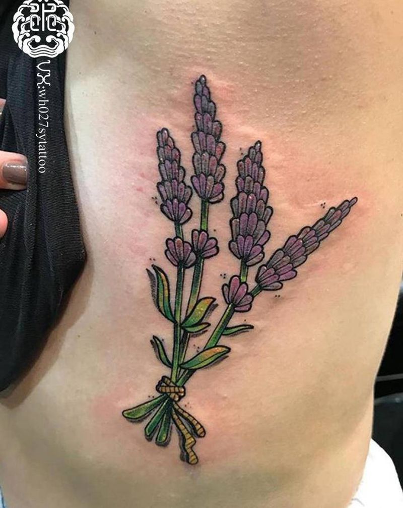 薰衣草纹身图片_腰部New School薰衣草花植物纹身图案