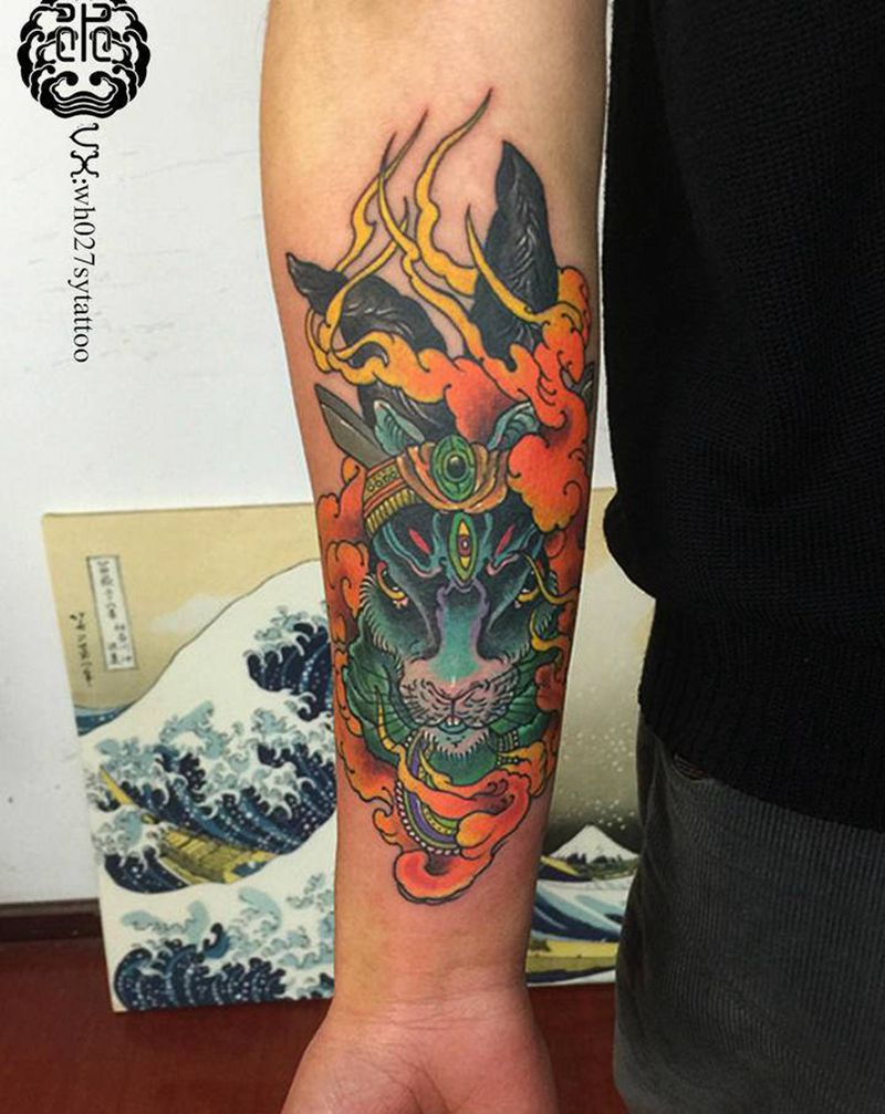 兔纹身图片_手臂新传统火兔兔子纹身图案