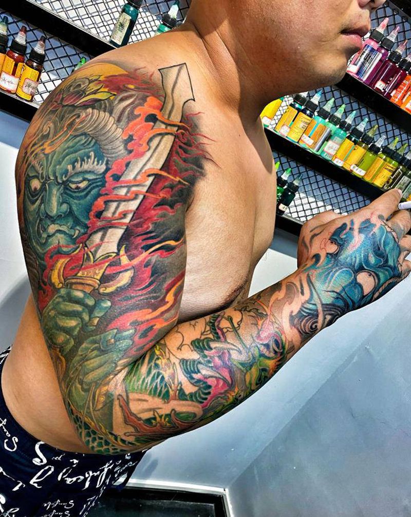 不动明王纹身图片_新传统不动明王龙般若纹身图案