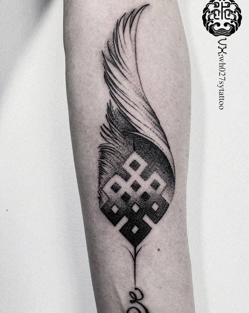 吉祥结羽毛纹身图片_手臂新传统点刺吉祥结羽毛藏传佛教纹身图案