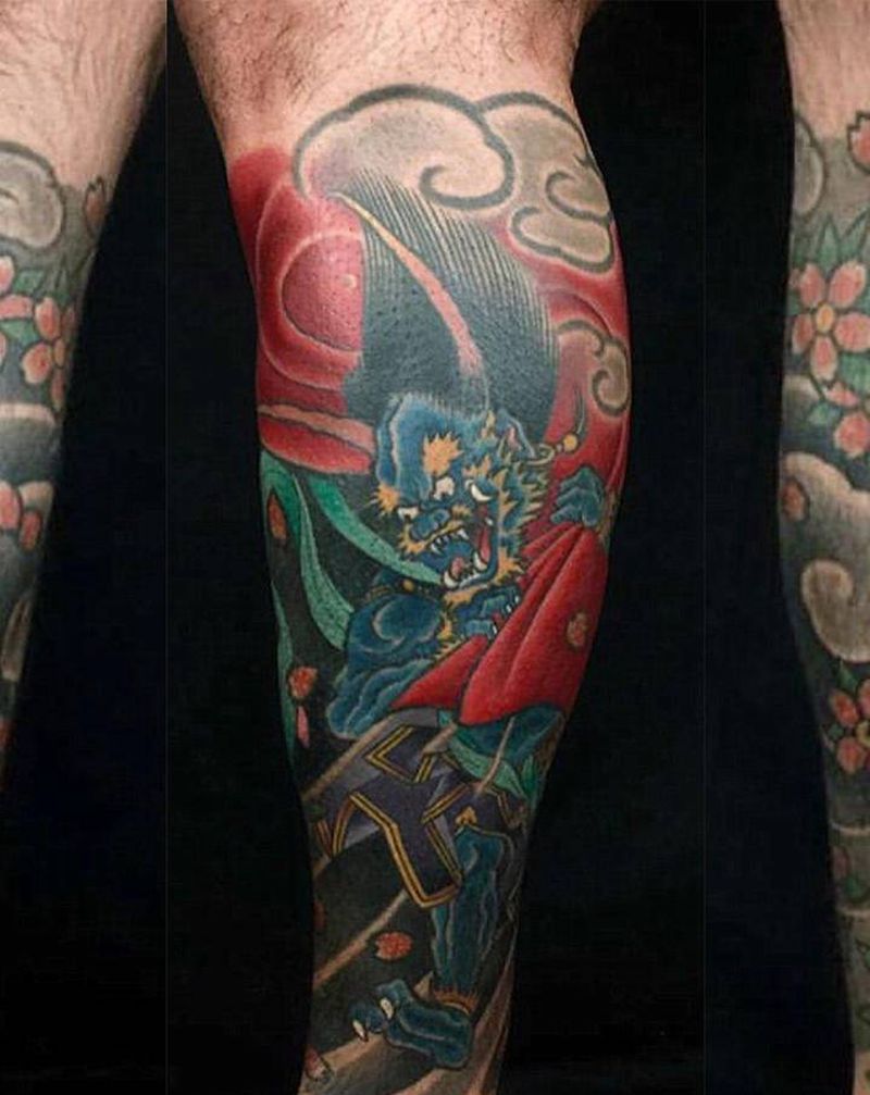 包小腿-风神纹身图片_腿部老传统风神纹身图案