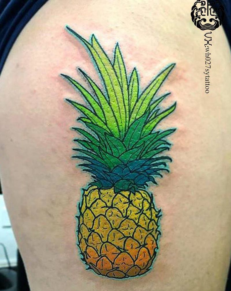 菠萝纹身图片_腿部New School菠萝水果纹身图案