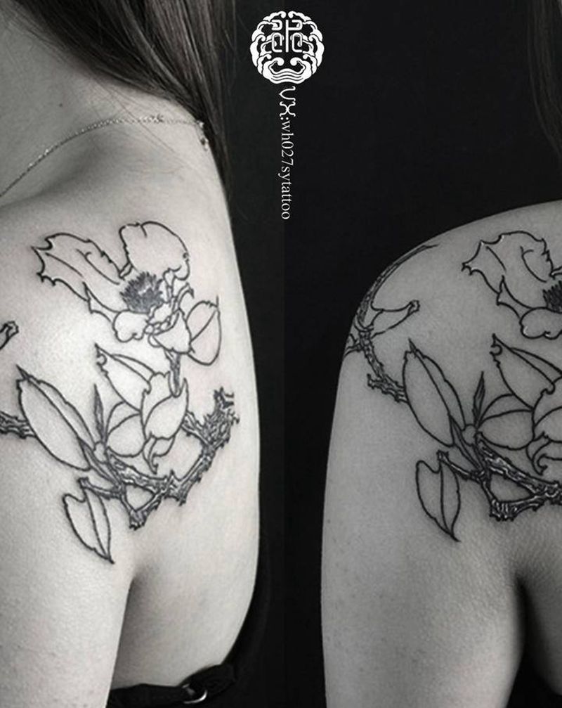 玉兰纹身图片_手臂肩部新传统玉兰兰花植物纹身图案