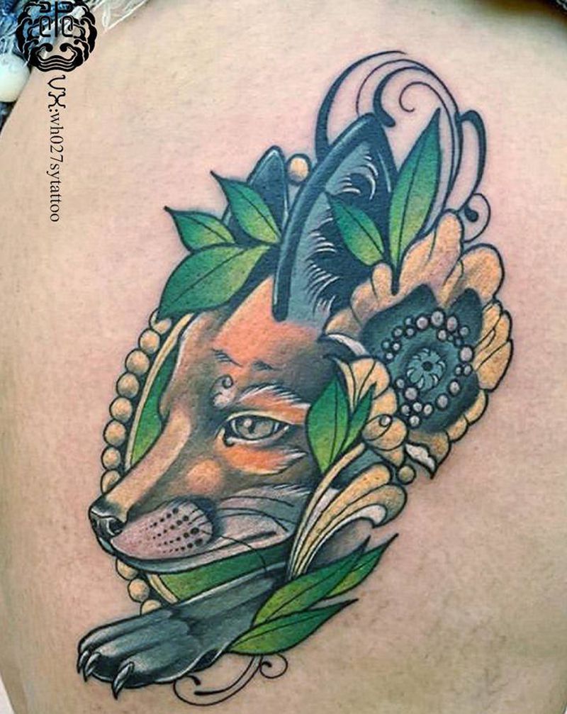 狐狸纹身图片_腿部New School狐狸纹身图案