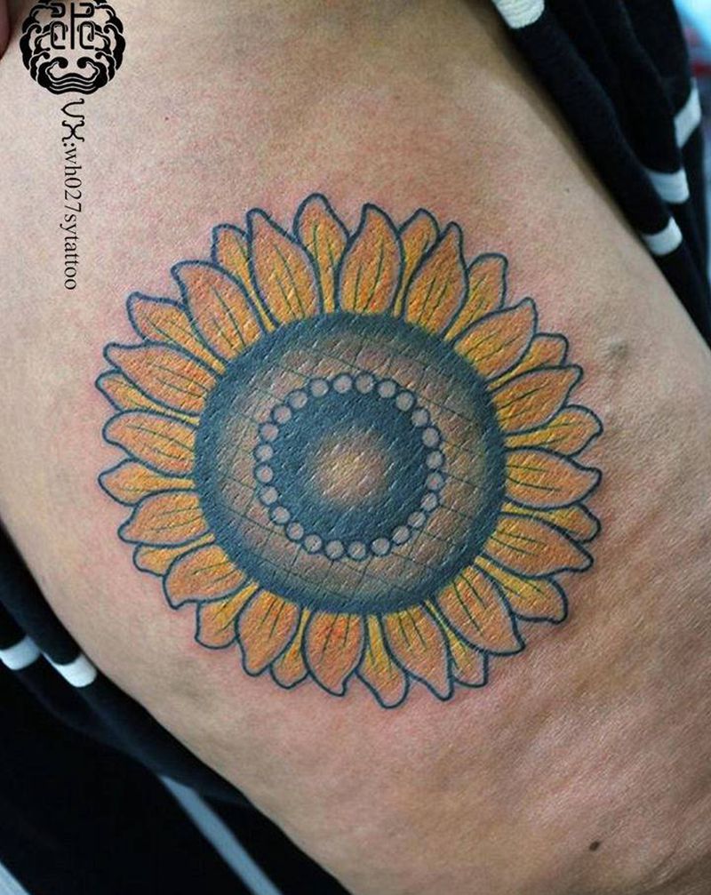 向阳花纹身图片_腿部New School向阳花向日葵纹身图案