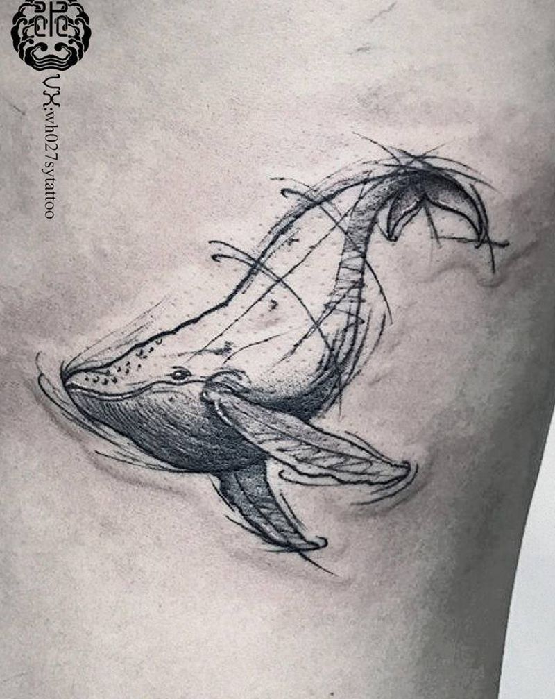 鲸鱼纹身图片_腰部水墨鲸鱼纹身图案