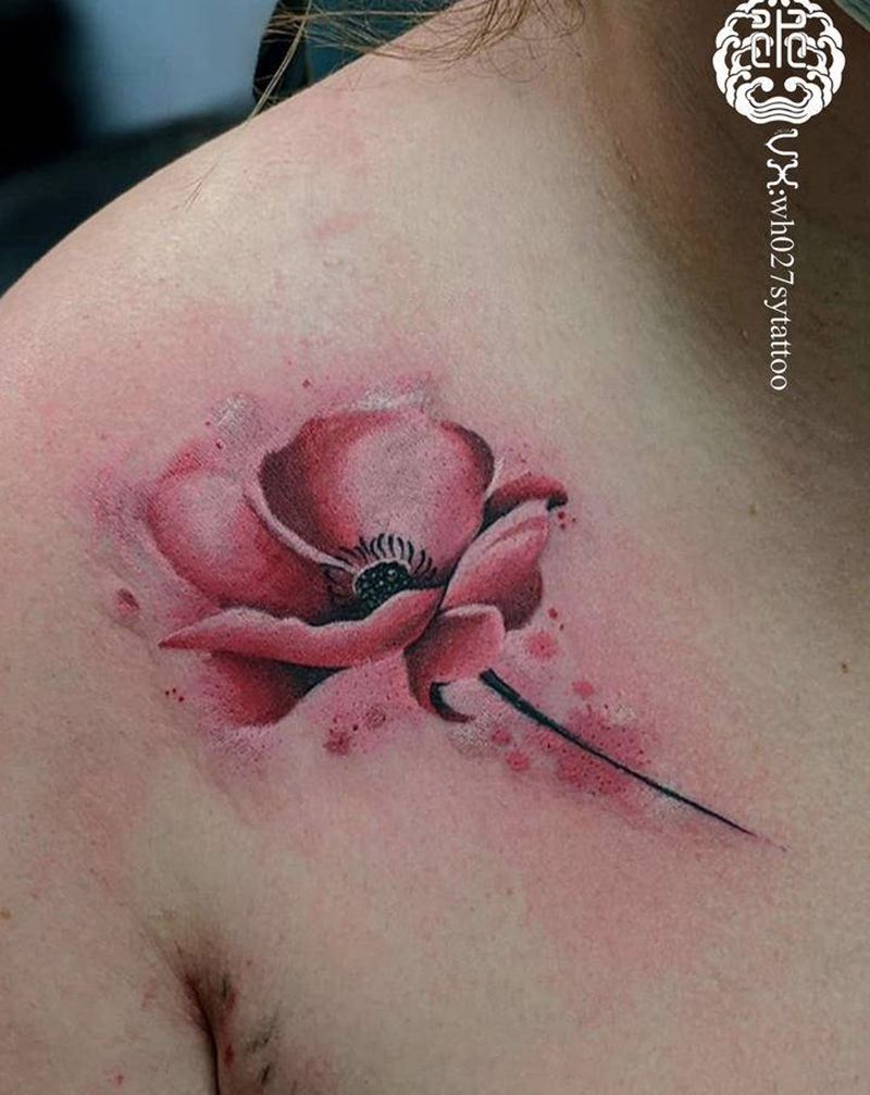 罂粟纹身图片_胸部水彩罂粟花纹身图案