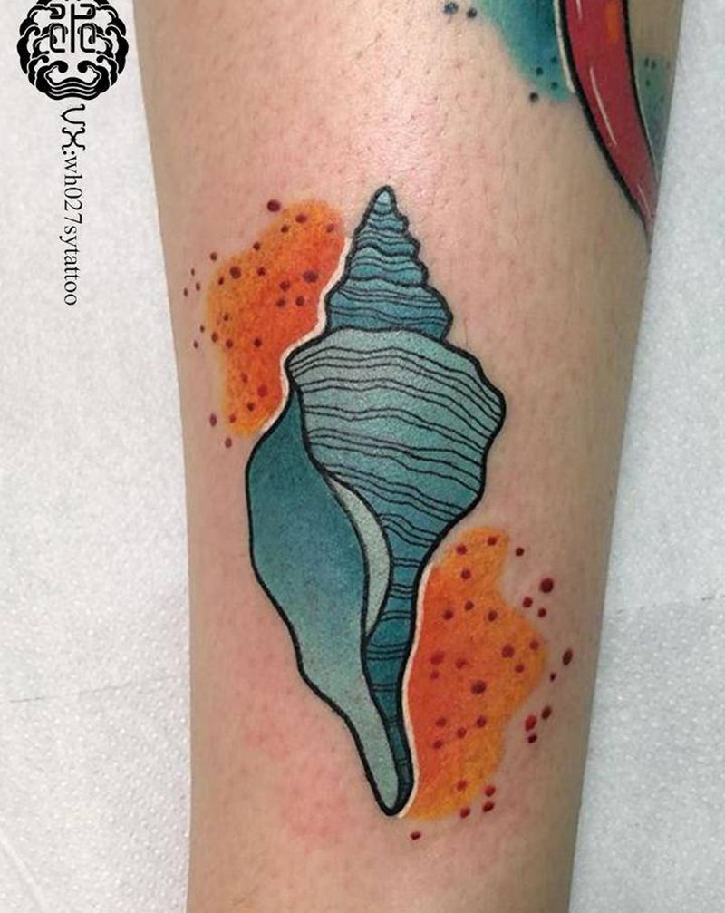 海螺纹身图片_腿部New School海螺纹身图案