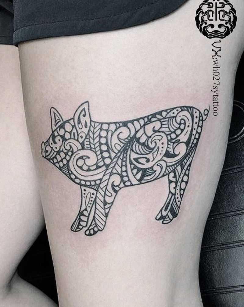 猪纹身图片_腿部图腾猪纹身图案