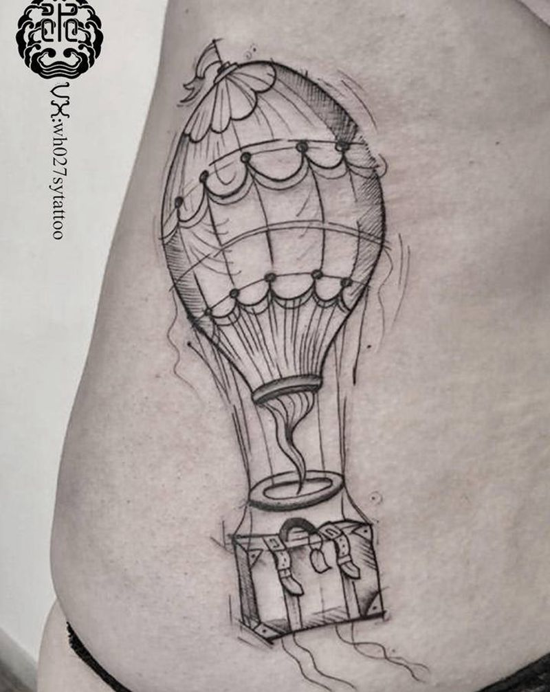 热气球纹身图片_腰部水墨热气球纹身图案
