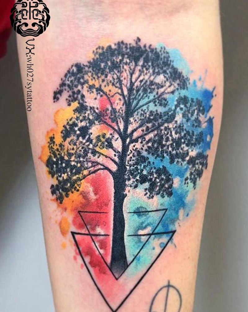 生命树纹身图片_手臂水彩树纹身图案