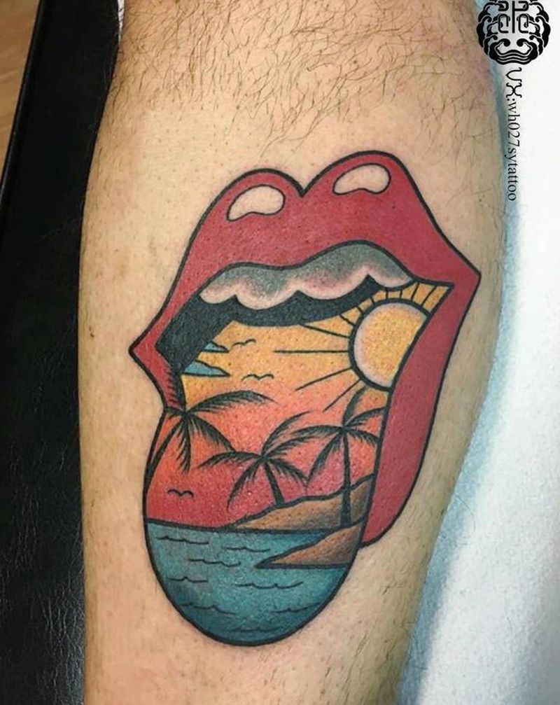 夏威夷大嘴纹身图片_腿部Old School嘴椰树舌头纹身图案