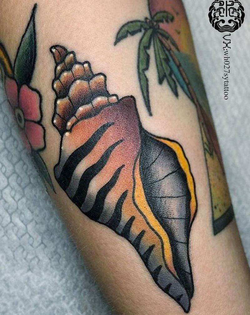 虎纹螺纹身图片_手臂New School海螺纹身图案