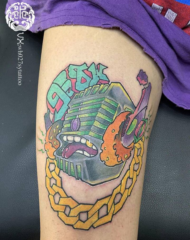 麦克风纹身图片_腿部New School麦克风耳机项链纹身图案