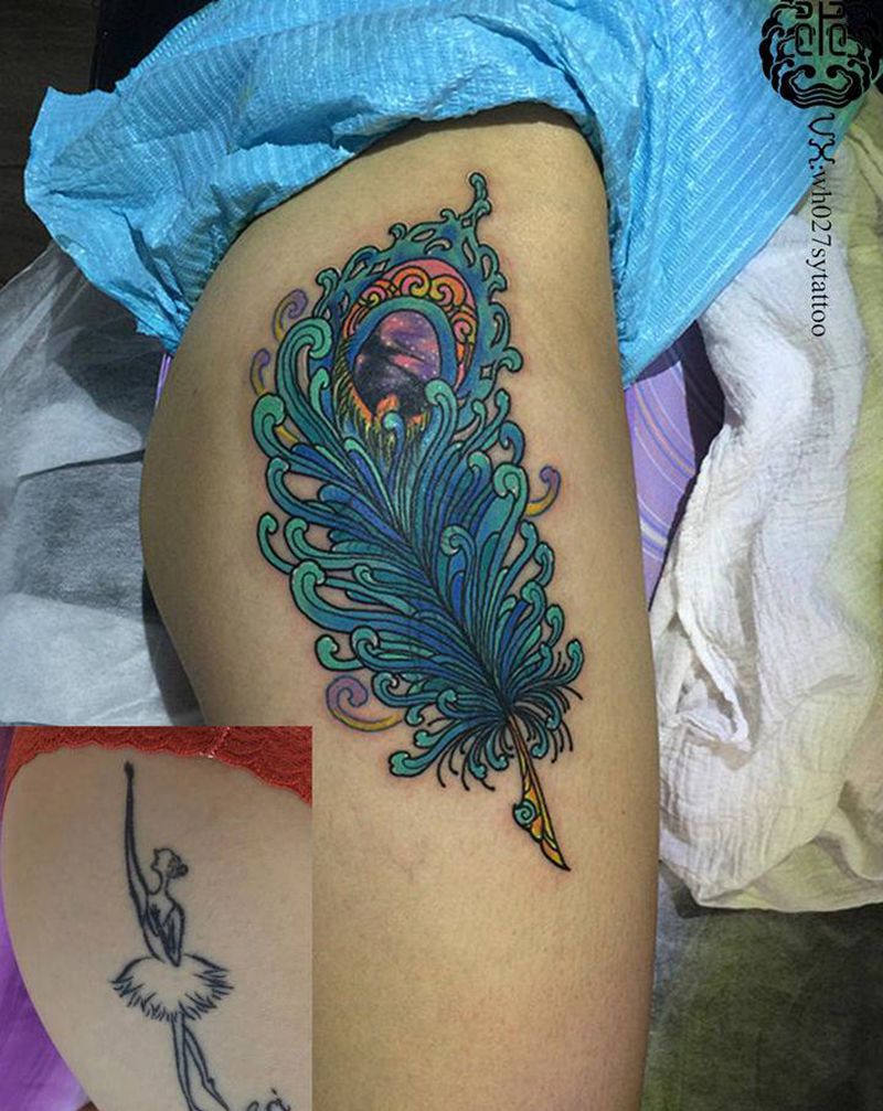 羽毛（遮盖）纹身图片_腿部New School羽毛孔雀纹身图案