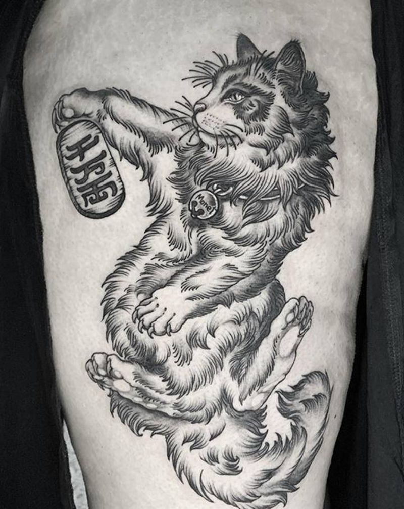 招财猫纹身图片_腿部猫纹身图案