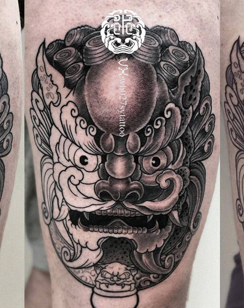 唐狮子纹身图片_腿部新传统唐狮子唐狮狮子纹身图案