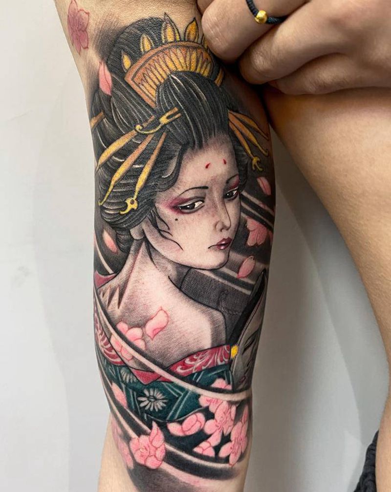 艺妓纹身图片_手臂手部新传统老传统艺妓能面纹身图案