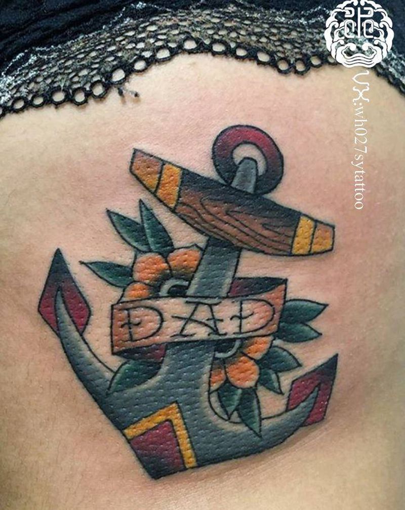 船锚纹身图片_腰部New School船锚纹身图案