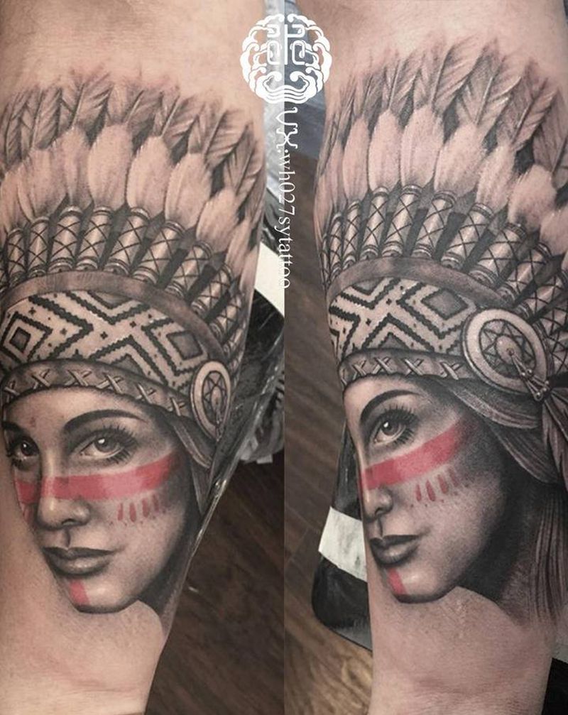 印第安大美妞纹身图片_手臂欧美写实纹身图案