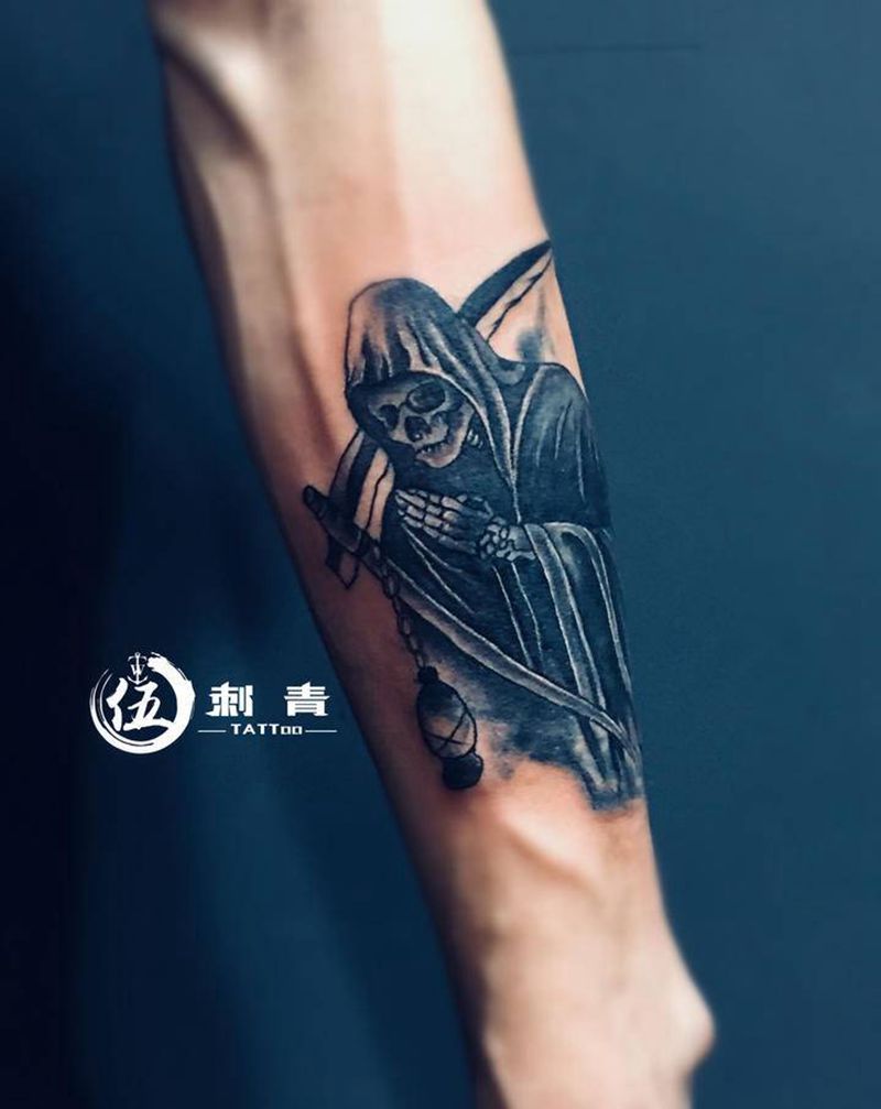 死神纹身图片_手臂水墨纹身图案