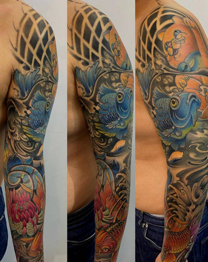 修改花臂纹身图片_手臂手部新传统鱼鲤鱼金鱼纹身图案