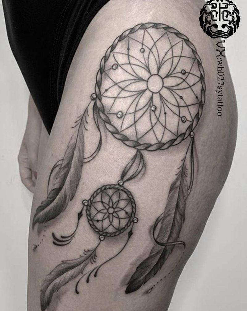 捕梦网纹身图片_腿部欧美写实捕梦网纹身图案