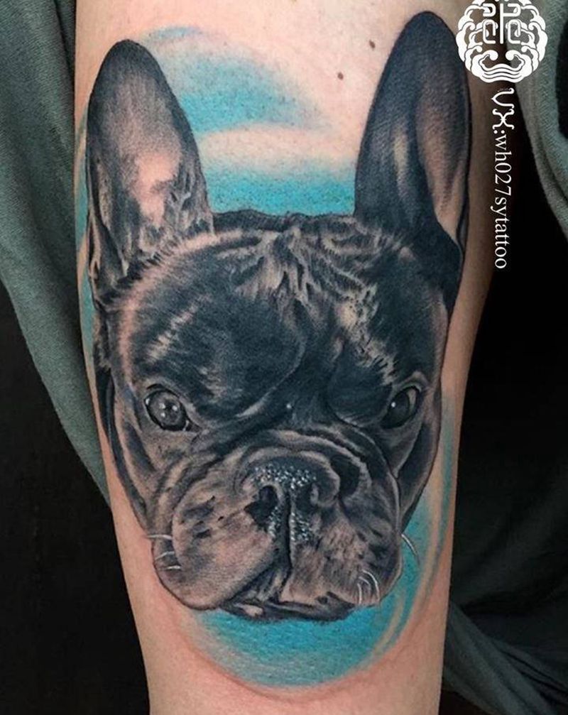 法斗纹身图片_腿部欧美写实狗纹身图案