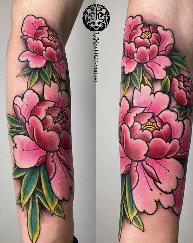 老传统牡丹纹身图片_手臂老传统牡丹纹身图案