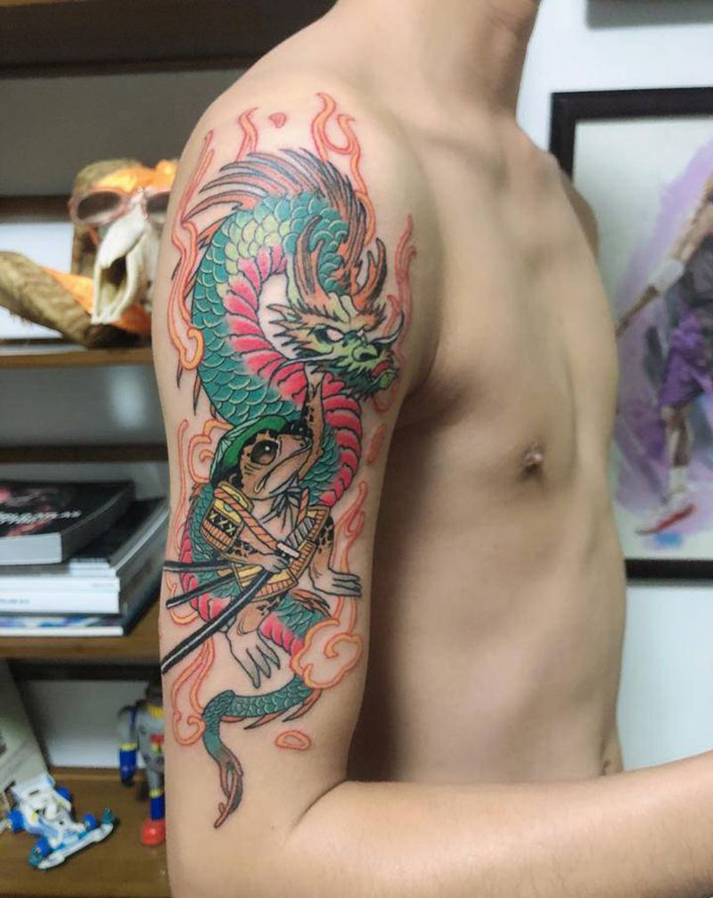 龙花臂纹身图片_手臂New School纹身图案