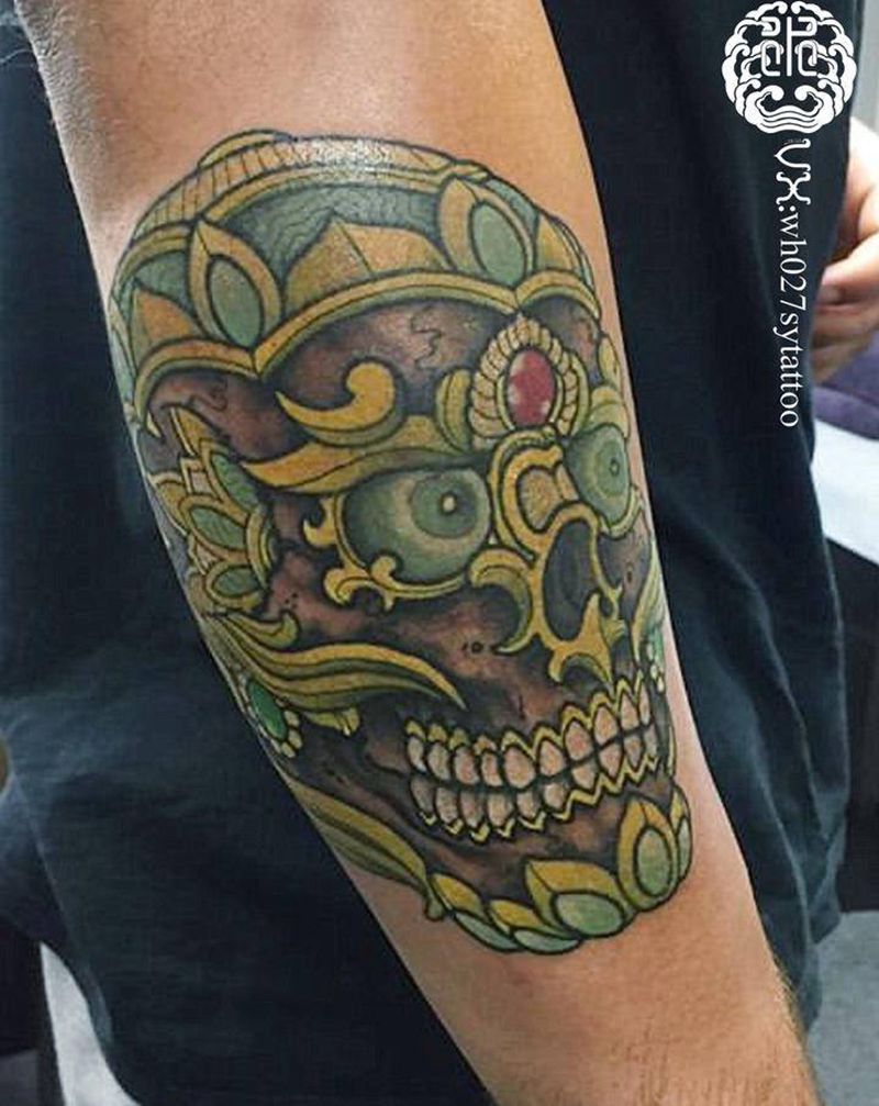 嘎巴拉纹身图片_手臂新传统嘎巴拉法器纹身图案