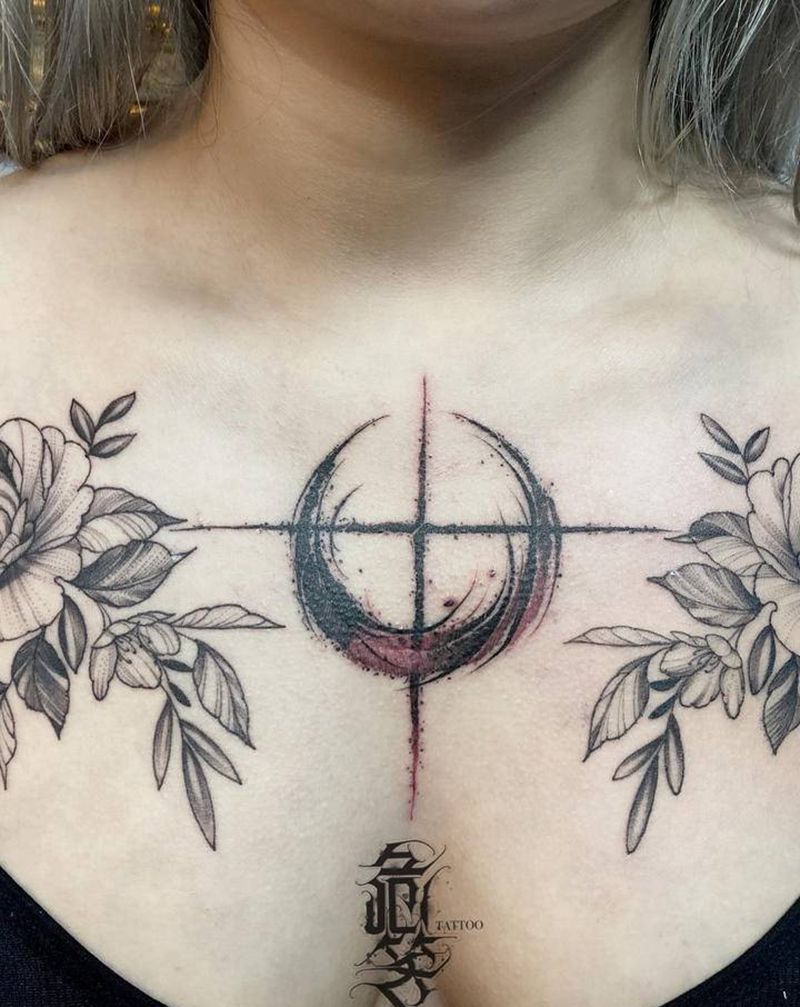 素花纹身图片_胸部肩部点刺几何花胸素花月亮纹身图案