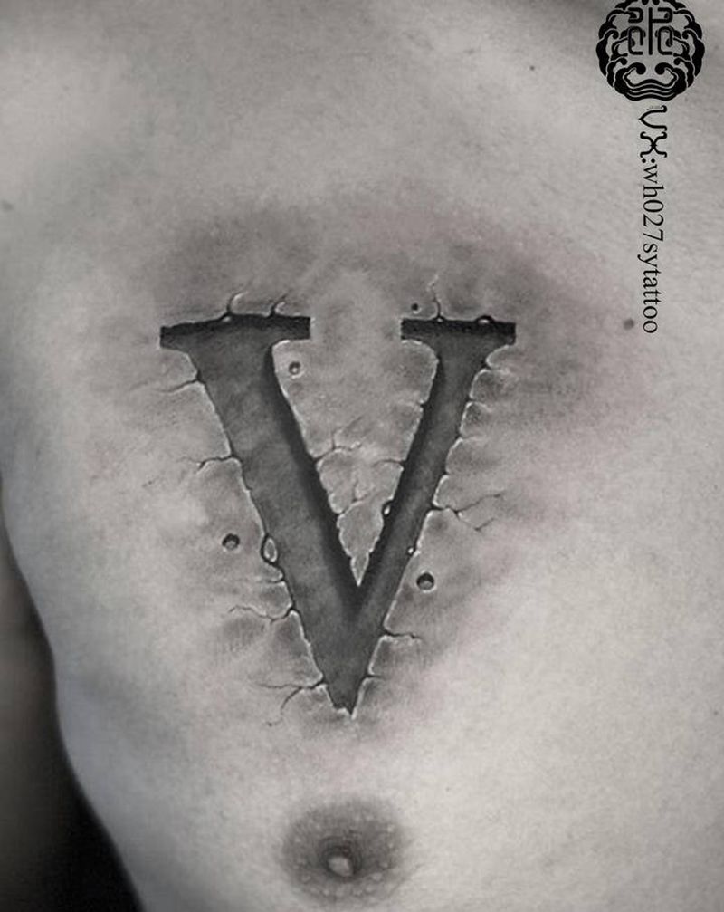 V纹身图片_胸部欧美写实V纹身图案