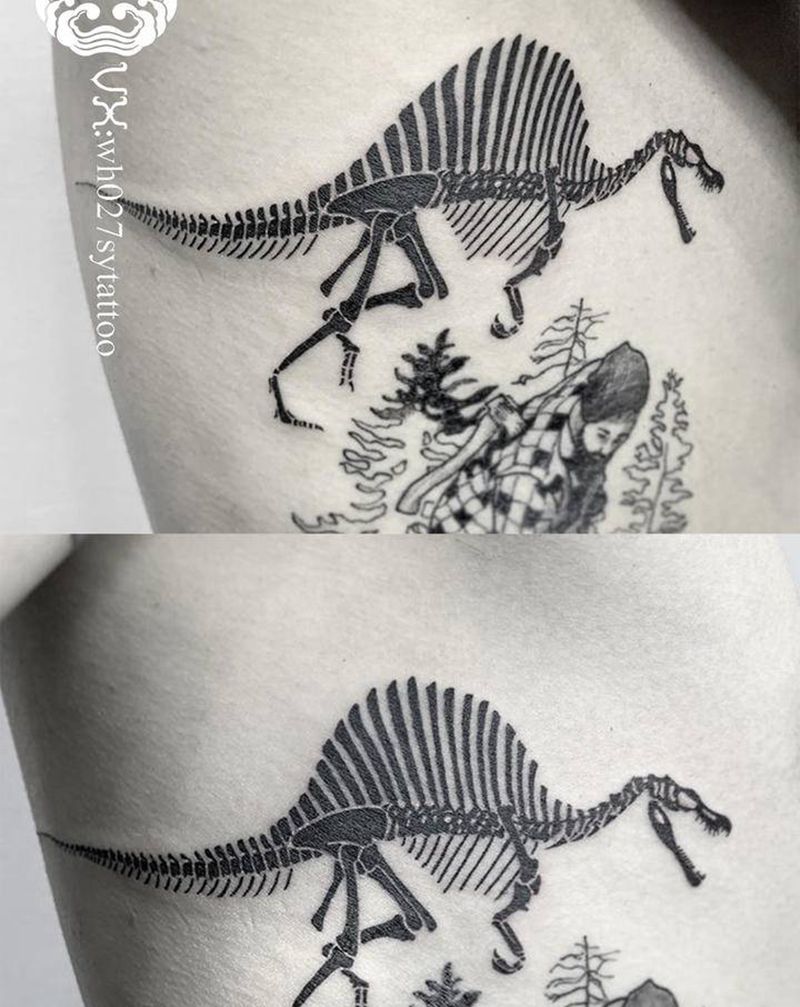 棘龙骨骼纹身图片_腰部图腾恐龙纹身图案