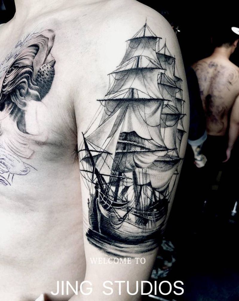 写实船纹身图片_腿部手臂欧美写实纹身图案