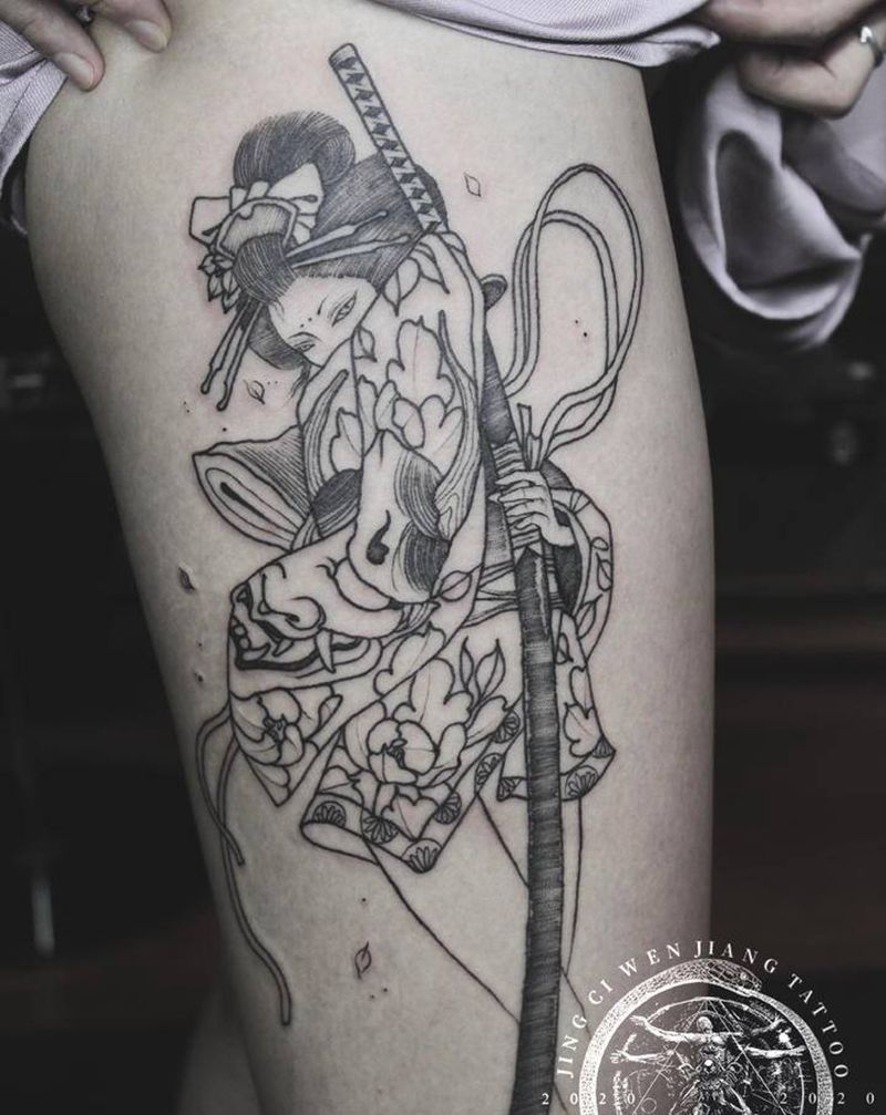 艺妓纹身图片_腿部新传统纹身图案