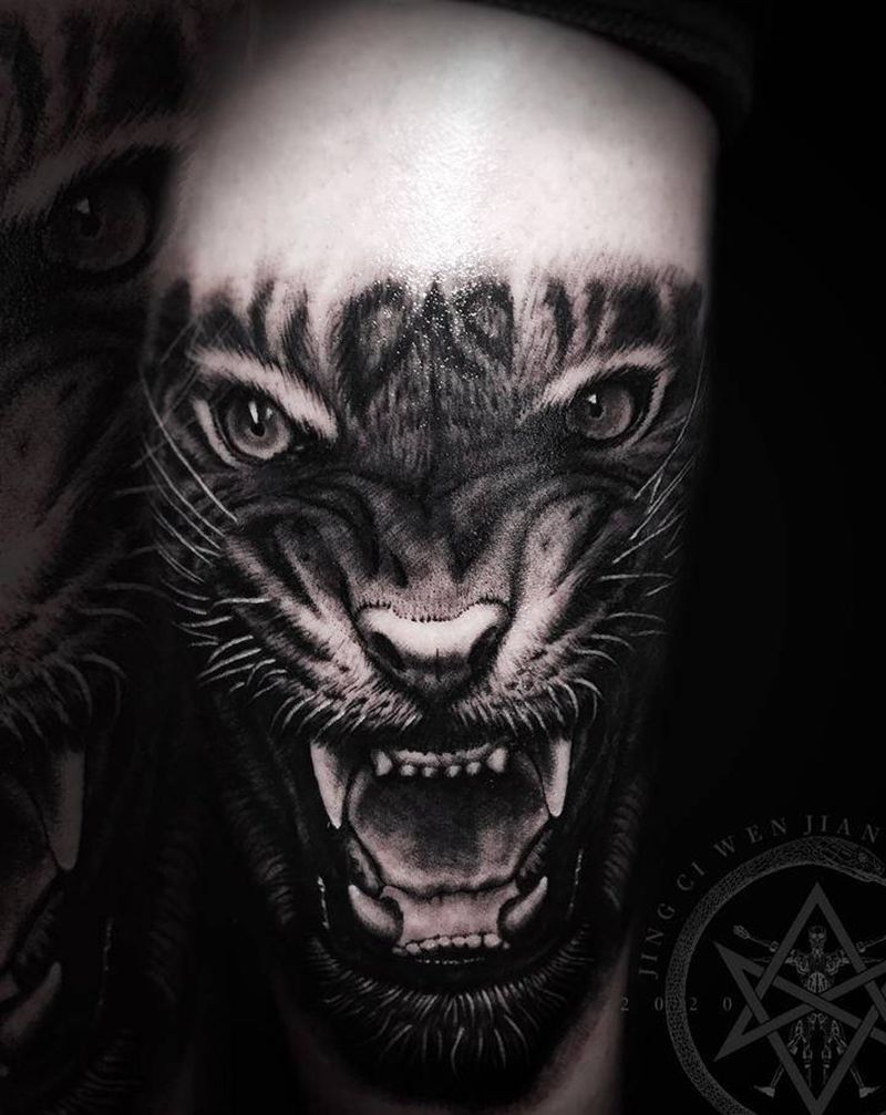 虎纹身图片_腿部手臂欧美写实纹身图案