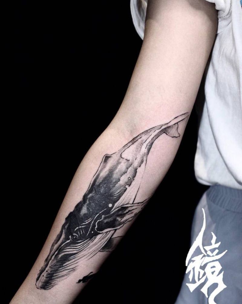 遮盖作品鲸纹身图片_手臂水墨纹身图案
