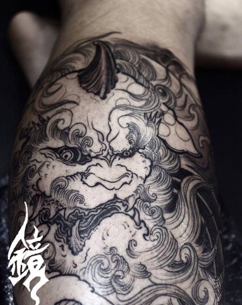唐狮线条纹身图片_腿部新传统纹身图案