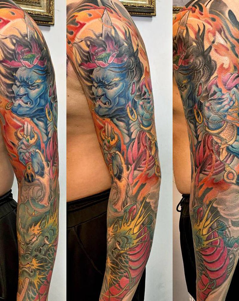 不动明王纹身图片_手臂手部新传统不动明王龙火焰纹身图案