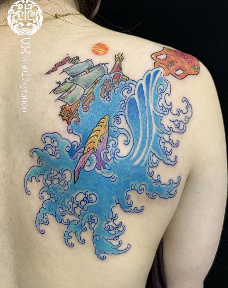 水瓶座纹身图片_肩部新传统New School水瓶座帆船水浪纹身图案