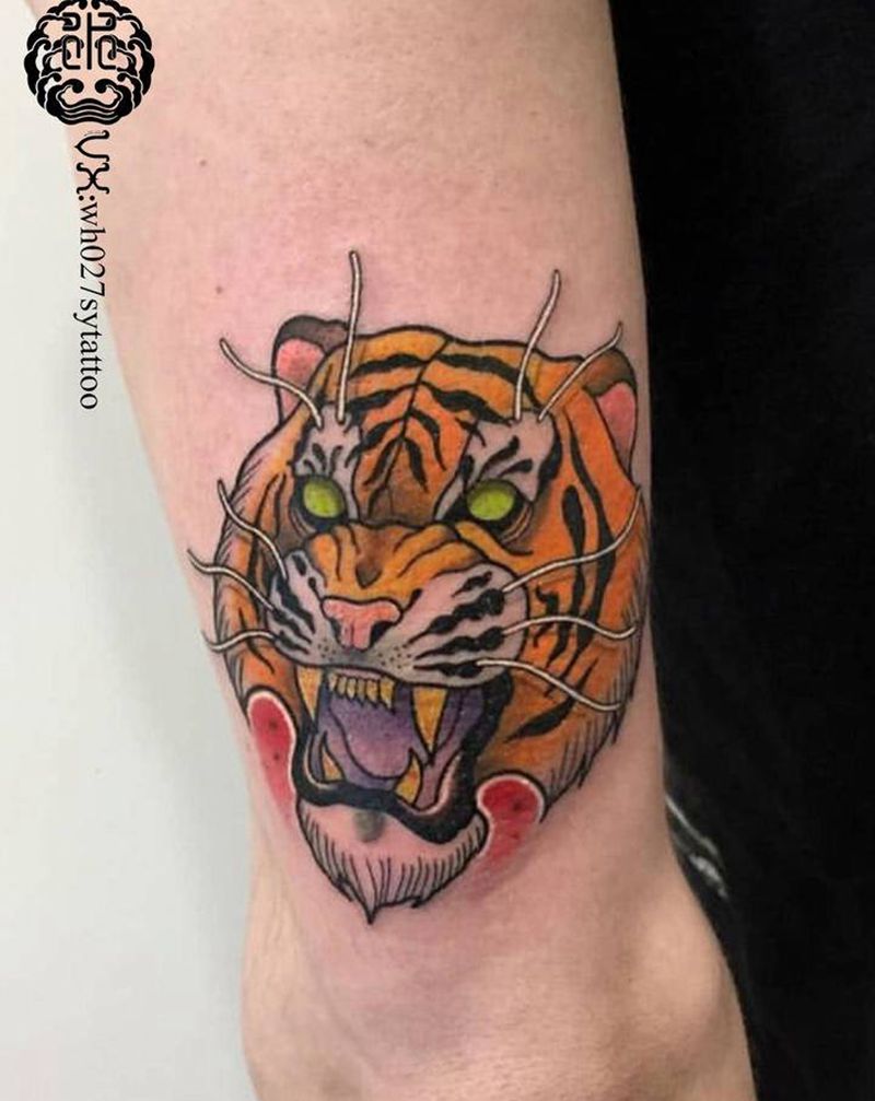 虎纹身图片_手臂New School虎虎头纹身图案