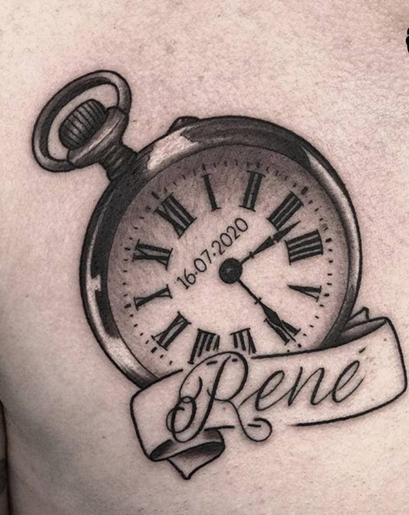 怀表纹身图片_胸部欧美写实怀表表纹身图案