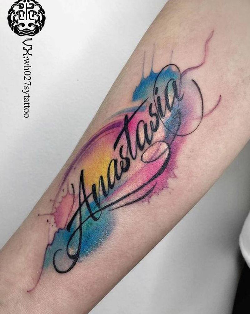 水彩花体字纹身图片_手臂水彩花体字纹身图案