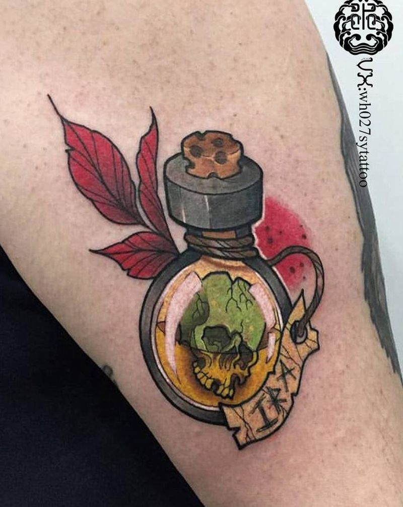 魔法瓶纹身图片_手臂New School骷髅魔法瓶纹身图案