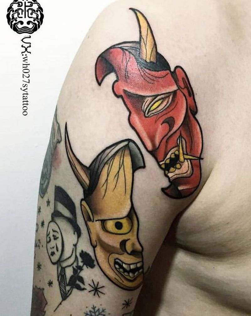 双子般若纹身图片_手臂老传统般若纹身图案