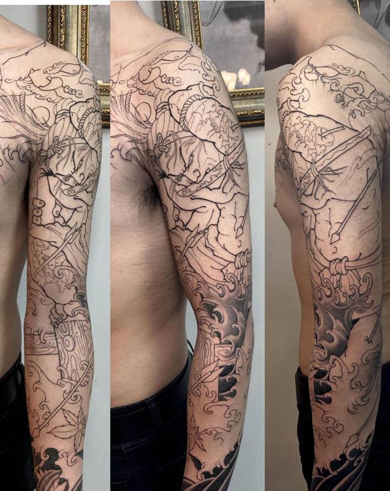 张顺破水门纹身图片_手臂手部新传统老传统张顺张顺破水门水浪纹身图案