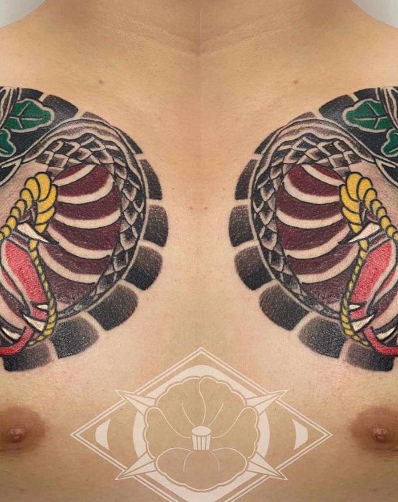 般若·菊花·蛇纹身图片_手臂胸部老传统新传统般若蛇菊花纹身图案